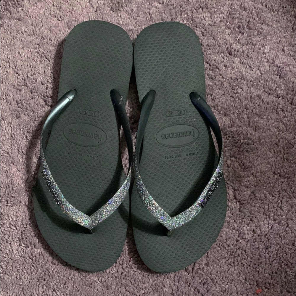 Havaianas Green Flip Flops with Glitter Straps
